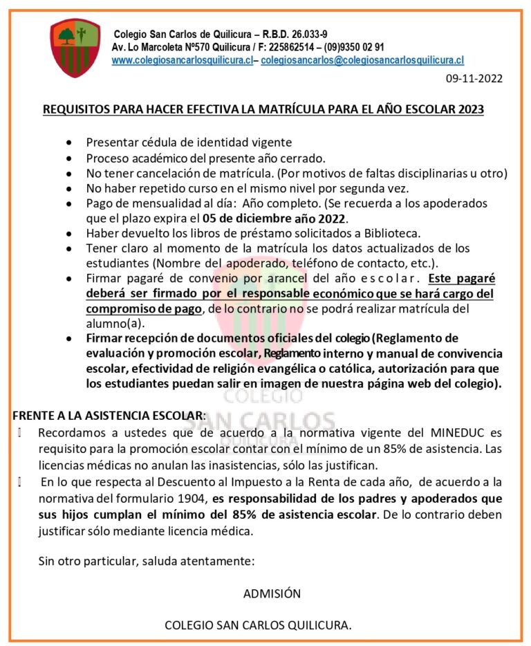 Requisitos para matrícula 2023 Colegio San Carlos de Quilicura