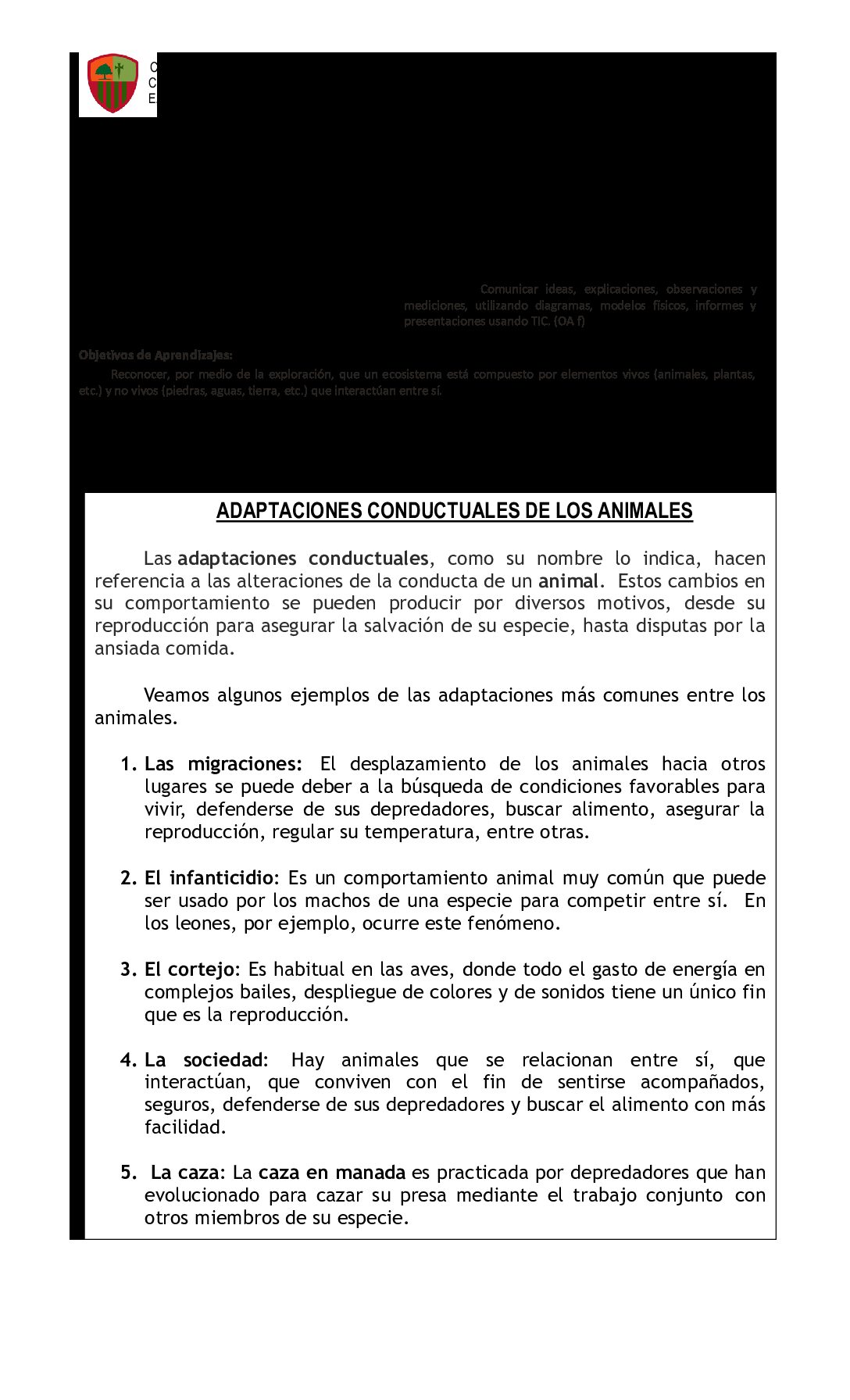 C4 semana 26 Actividad Adaptaciones conductuales de los animales | Colegio  San Carlos de Quilicura